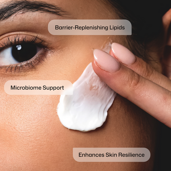 Close-up of a person applying a dollop of white facial cream to their cheek, with text labels reading Barrier-Replenishing Lipids, Microbiome Support, and Enhances Skin Resilience.