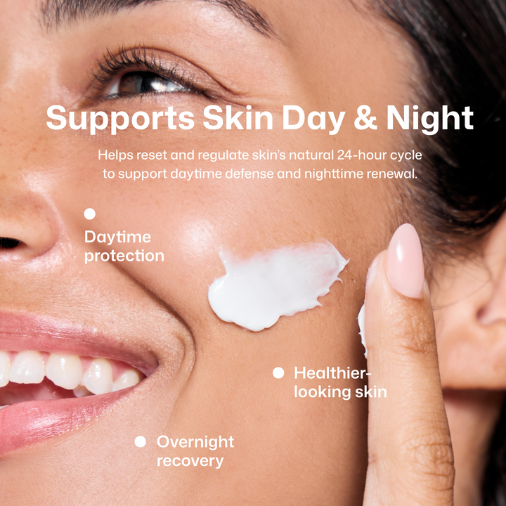 Close-up of a woman's face with a white cream applied to her cheek, accompanied by text overlays reading 'Supports Skin Day & Night' and bullet points about daytime protection, healthier-looking skin, and overnight recovery.
