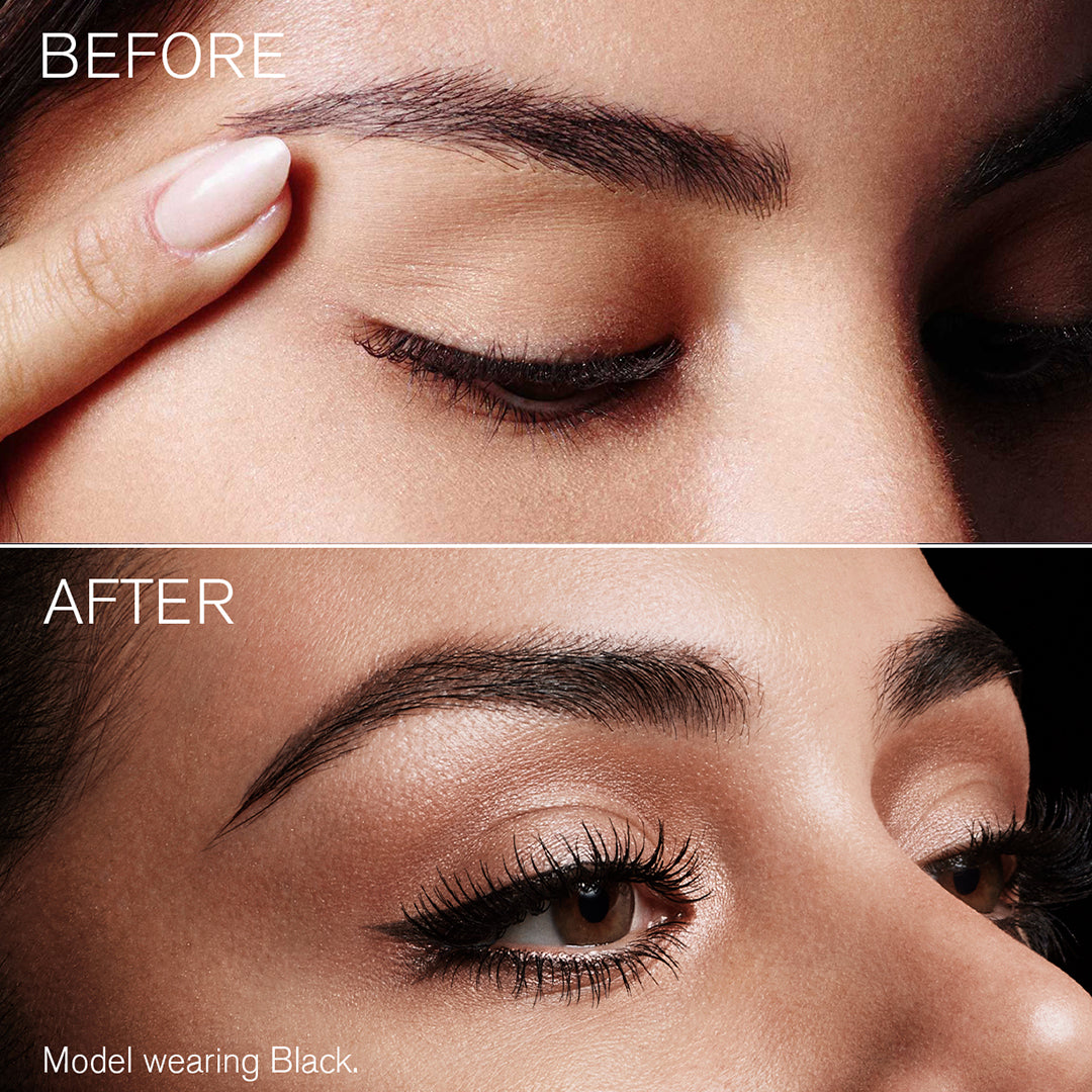 Before and after comparison of eye makeup application on a model wearing black eyeliner.