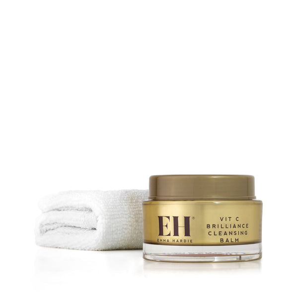Emma Hardie Vit C Brilliance Cleansing Balm jar with dual action cleansing cloth on a white background