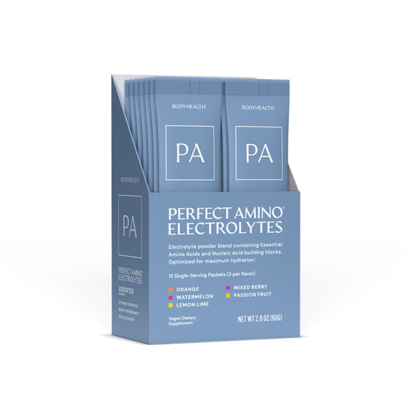 Packaging of Perfect Amino Electrolytes with multiple packets inside on a white background