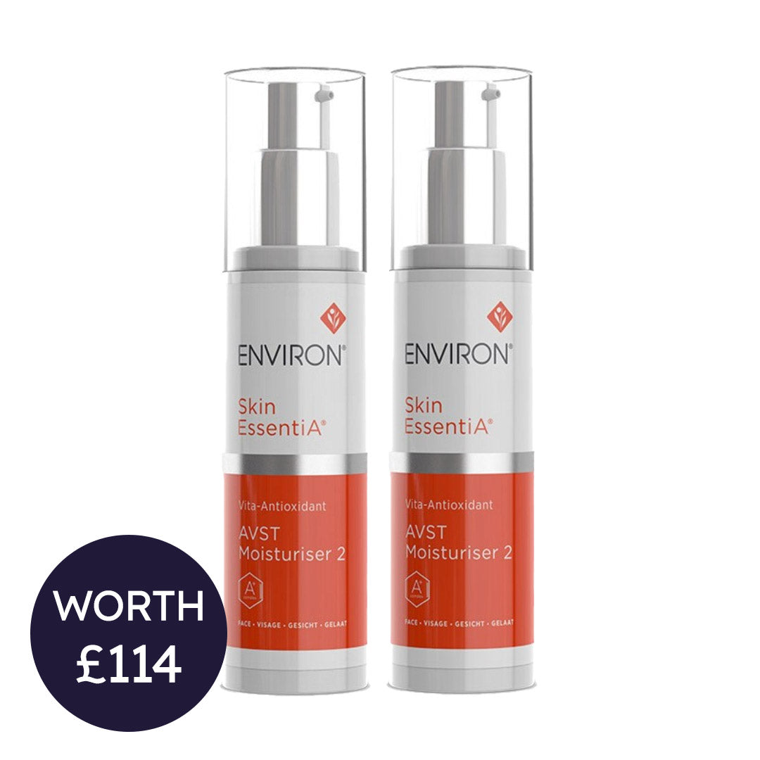 Two skincare bottles labeled 'Environ' on a white background with a price tag.