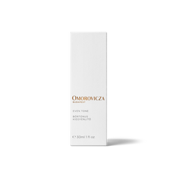 A tall, slim white rectangular box for Omorovicza Even Tone BB cream, featuring gold and gray text on a clean white background with a soft shadow.