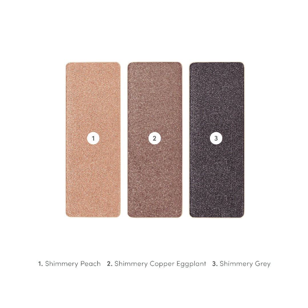 Three rectangular makeup pans or color swatches labeled 1, 2, and 3 on a white background, with text below reading '1. Shimmery Peach 2.