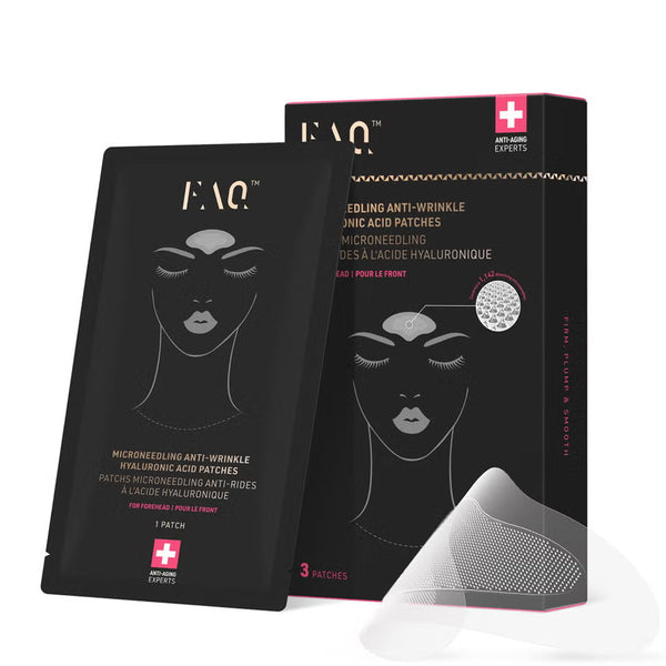 Packaging of FAQ microneedling anti-wrinkle hyaluronic acid patches on a white background
