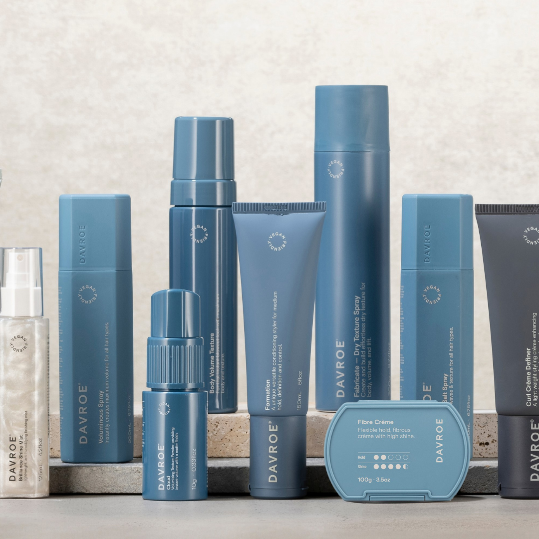 Collection of Davroe skincare products on a neutral background