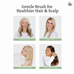 Promotional graphic for a gentle hair brush, featuring four portrait panels of women and a child demonstrating use on different hair types: fragile hair, fine hair, hair extensions, and children's hair. The text reads 'Gentle Brush for Healthier Hair & Scalp' with a small wave-like logo in the top right.