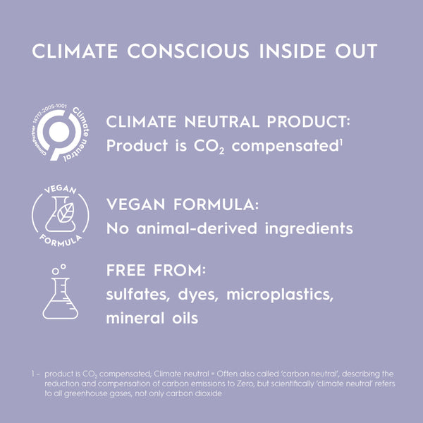 Product label with climate conscious, vegan formula, and free from sulfates, dyes, microplastics, and mineral oils on a purple background.