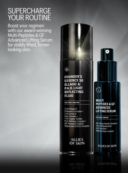 Two skincare products from Allies of Skin on a gray background with text about boosting the routine.