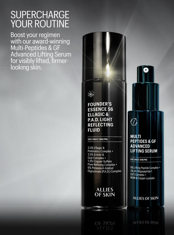 Two skincare products from Allies of Skin on a gray background with text about boosting the routine.