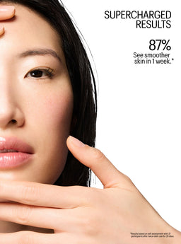 Advertisement for skin care product showing a close-up of a person's face with text about supercharged results.