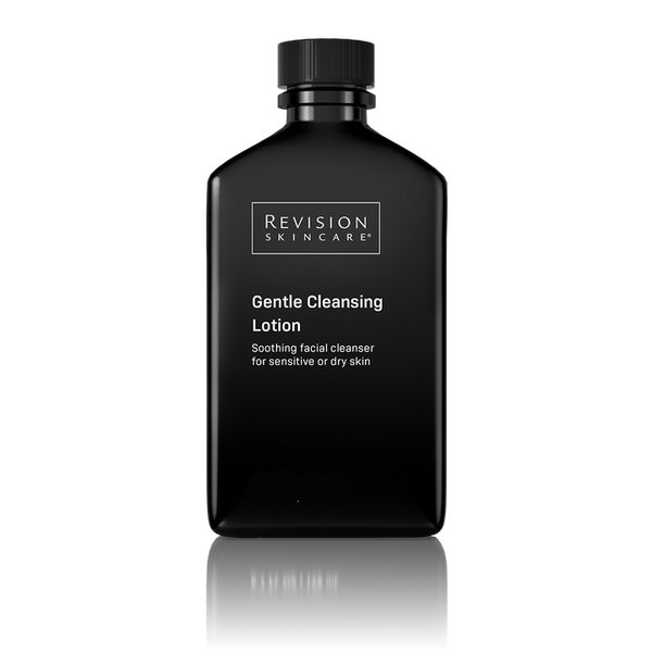 A black bottle of Revision Skincare Gentle Cleansing Lotion with white text, centered on a white background with a soft reflection below.