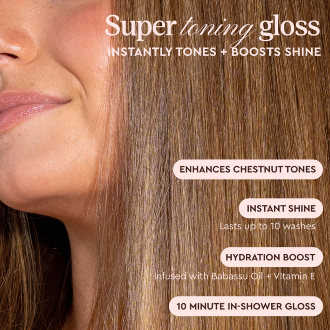 Close-up of a woman's face with brown hair, featuring text about a super toning gloss product.