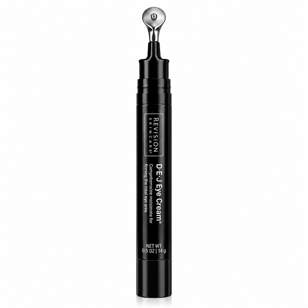 Revision Skincare Deju Eye Cream in a sleek black cylindrical tube with a metallic silver roller ball applicator, shown on a clean white background.