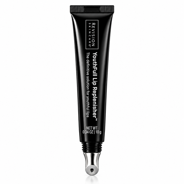 A black squeeze tube of Revision Skincare Youth Fill Lip Replenisher with a metallic silver applicator tip, shown on a clean white background with a subtle reflection.