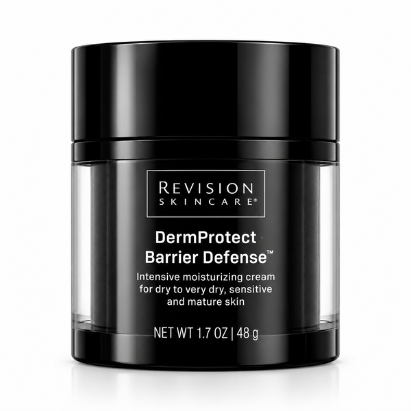 Revision Skincare DermProtect Barrier Defense intensive moisturizing cream in a black jar with clear sides, on a white background.