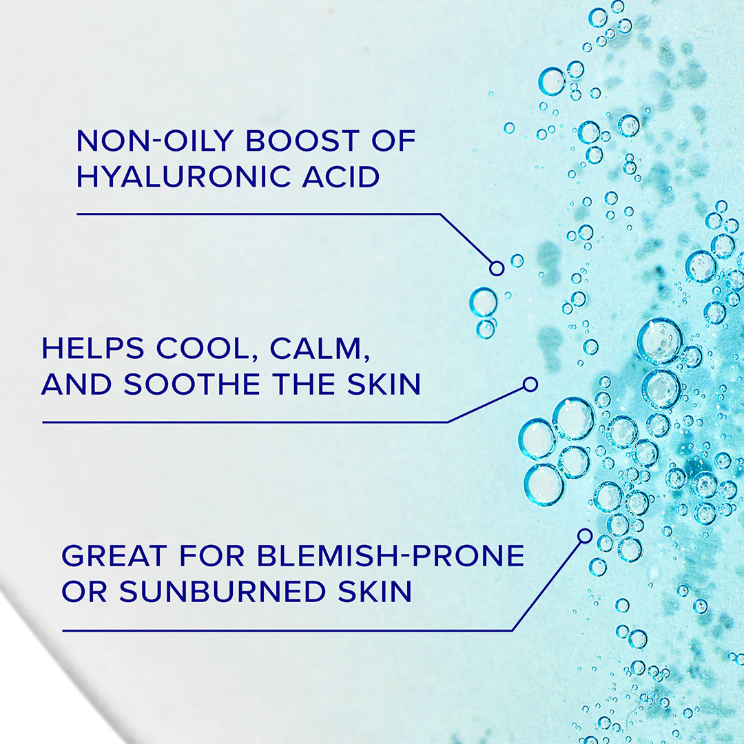 Product packaging with text about hyaluronic acid benefits on a blue background with bubbles.
