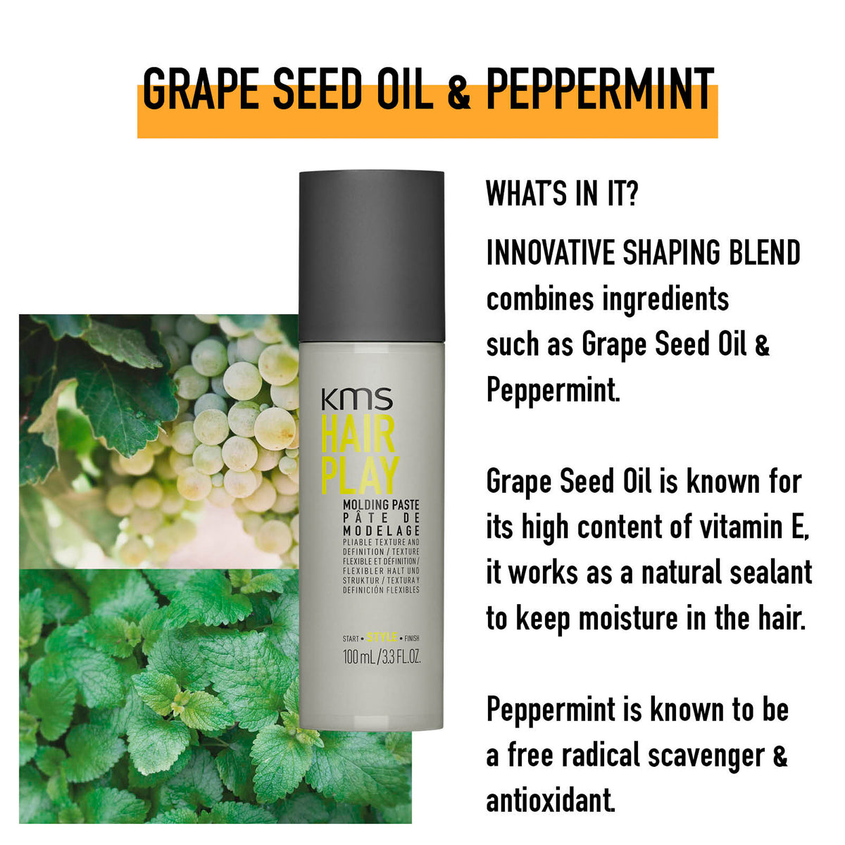 KMS Hair Play molding paste with grape seed oil and peppermint ingredients, surrounded by images of grapes and peppermint leaves.