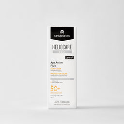 A tall white box of Cantabria Labs Heliocare 360 Age Active Fluid sunscreen SPF 50+ with orange and black text, centered on a light gray background.