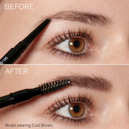 Before and after comparison of eye makeup application with a brow pencil and mascara.
