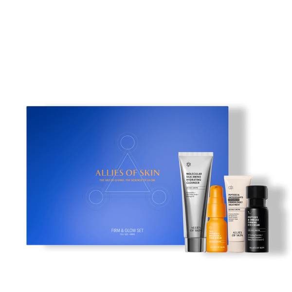 Skincare product set with a blue box labeled 'Allies of Skin' on a white background