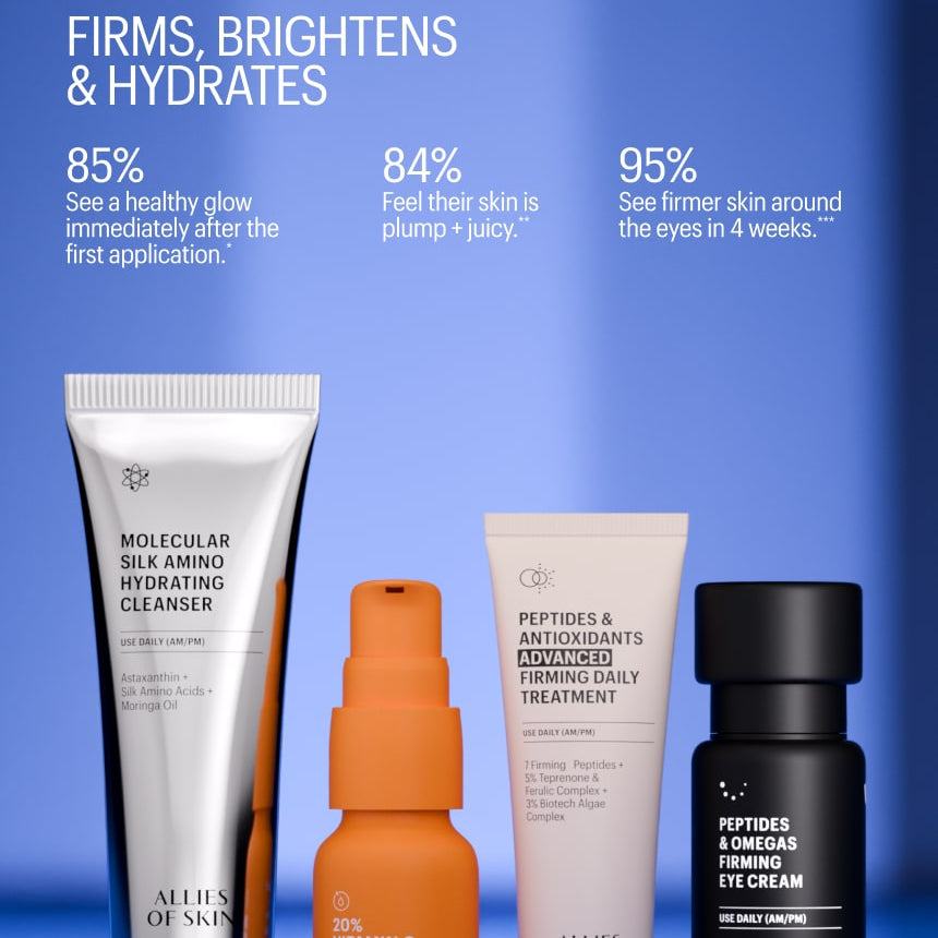 Allies of Skin skincare products with text on a blue background