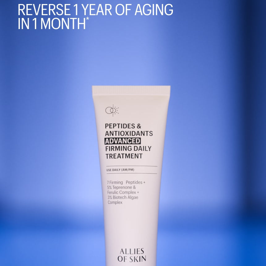 Tube of Allies of Skin Peptides & Antioxidants Advanced Firming Daily Treatment on a blue background with text claiming to reverse one year of aging in one month.