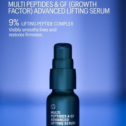 Bottle of Allies of Skin Multi Peptides & GF Advanced Lifting Serum on a blue background
