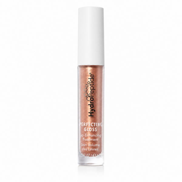 HydraPeptide Perfecting Gloss lip enhancing treatment in a clear tube showing a shimmery copper-rose gloss, with a white cap, on a white background.