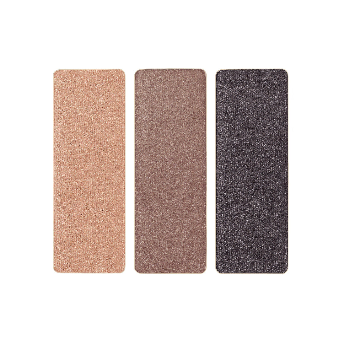 Three rectangular textured material swatches in warm beige, taupe-brown, and dark charcoal gray, arranged side by side on a plain white background.