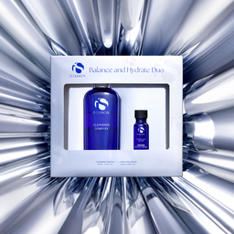 IS Clinical Balance and Hydrate Duo set with two blue bottles in a white box on a silver radial background