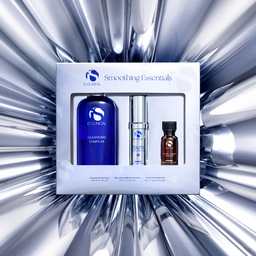 IS Clinical Smoothing Essentials set with three products on a metallic background