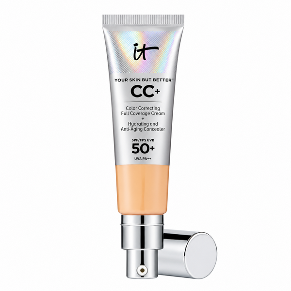 It Cosmetics CC+ Color Correcting Full Coverage Cream SPF 50+ in a silver squeeze tube with a metallic iridescent finish, a peach-colored lower section, and a silver pump dispenser shown with its cap off on a white background.