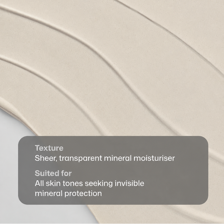 A close-up of a cream-colored mineral moisturizer swatch with wavy texture lines and a dark gray text box describing its sheer, transparent texture and suitability for all skin tones.