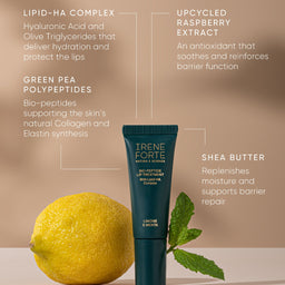 Lip balm with lemon and leaf on a beige background, featuring product details.