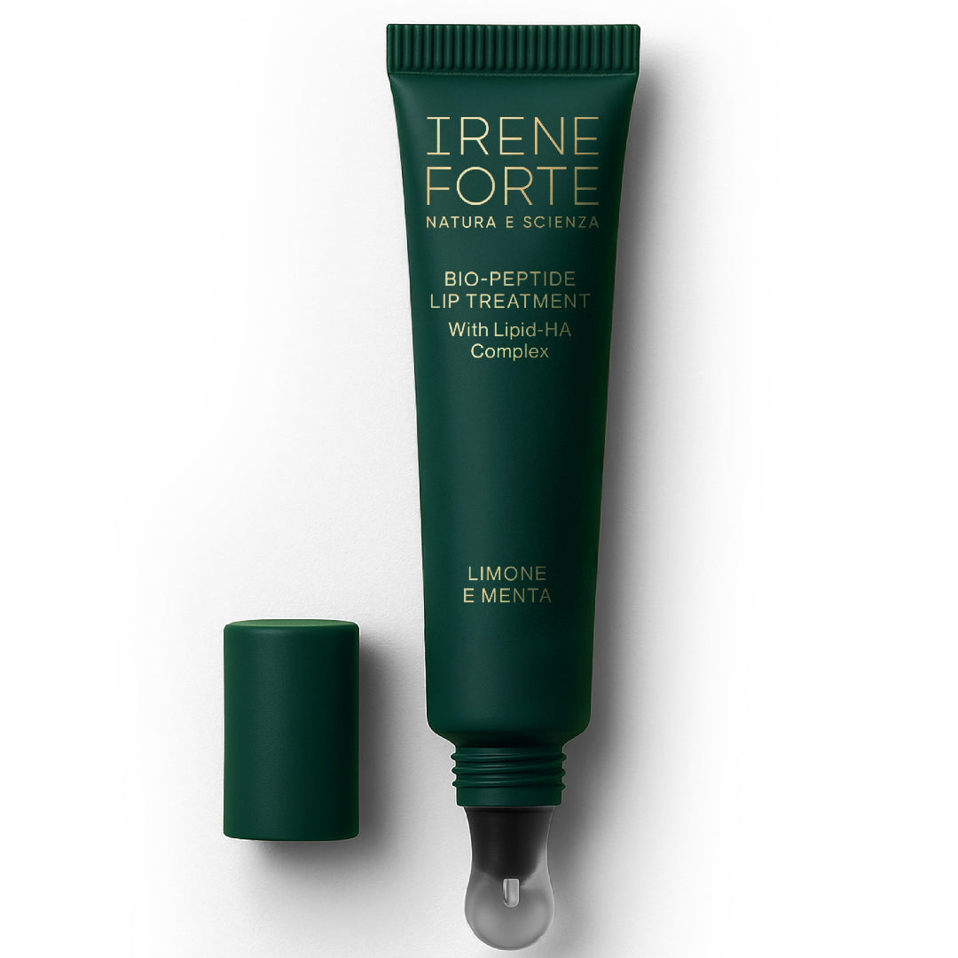 Green lip treatment tube with cap on a white background, featuring the brand 'Irene Forte'.