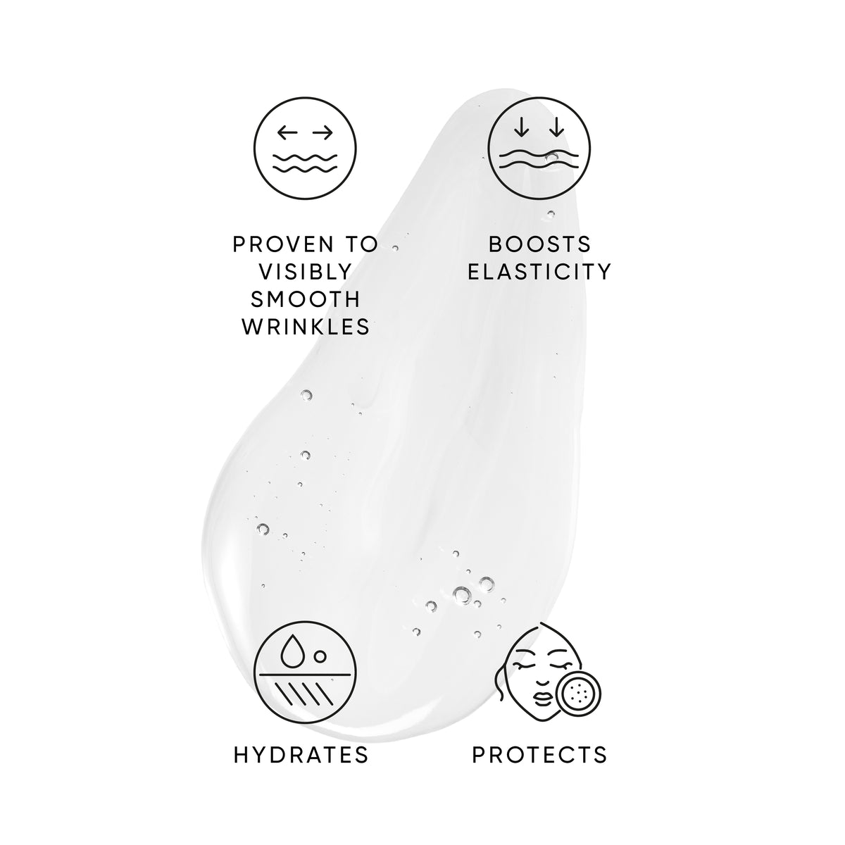 White droplet with icons and text describing skincare benefits on a white background