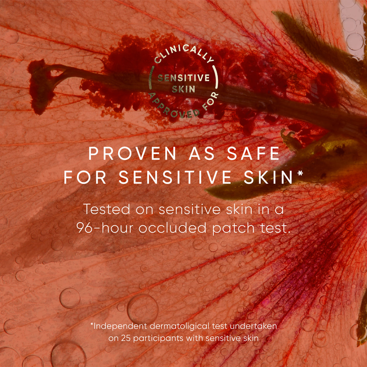 Product packaging with a close-up of skin texture and text indicating proven safety for sensitive skin.