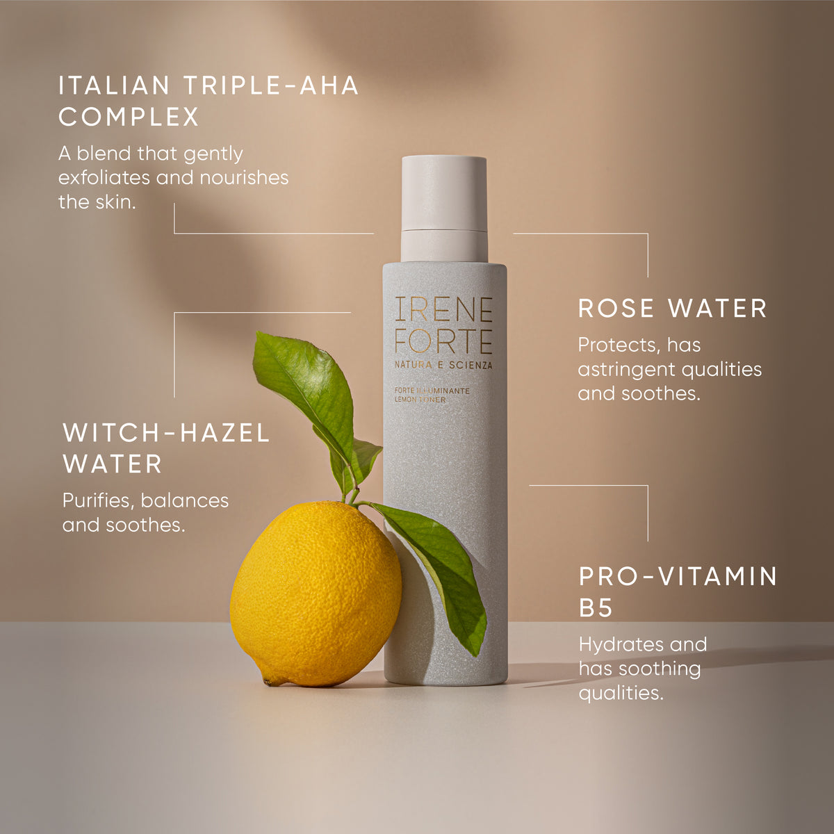 Irene Forte skincare product with lemon and text about ingredients on a beige background