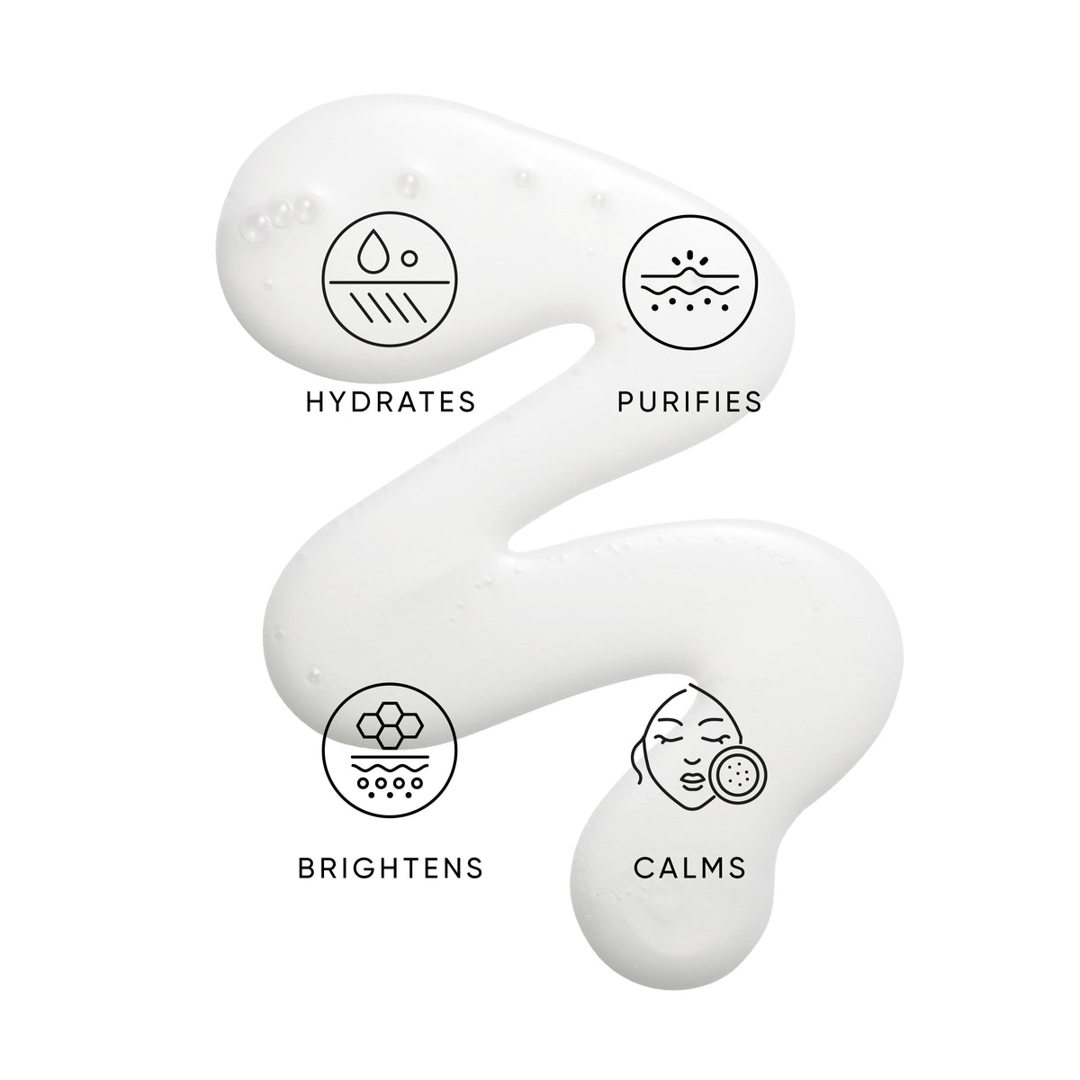 White skincare tool with icons and text indicating its benefits on a white background