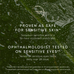 Product packaging with text about safety for sensitive skin and eyes on a green leaf background.