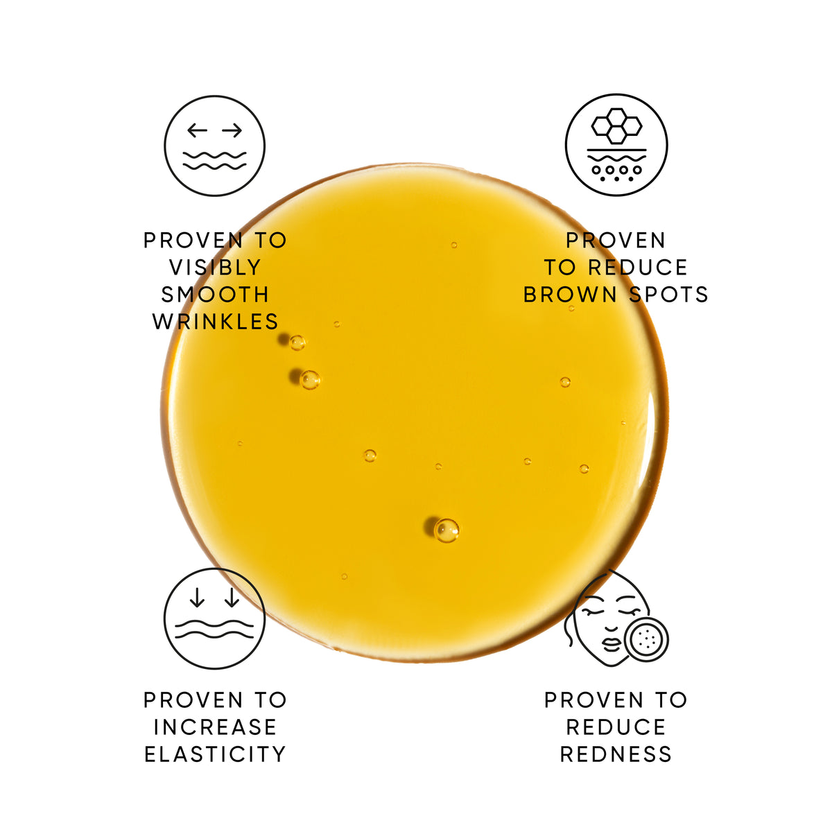Close-up of a yellow liquid with icons and text indicating its benefits on a white background