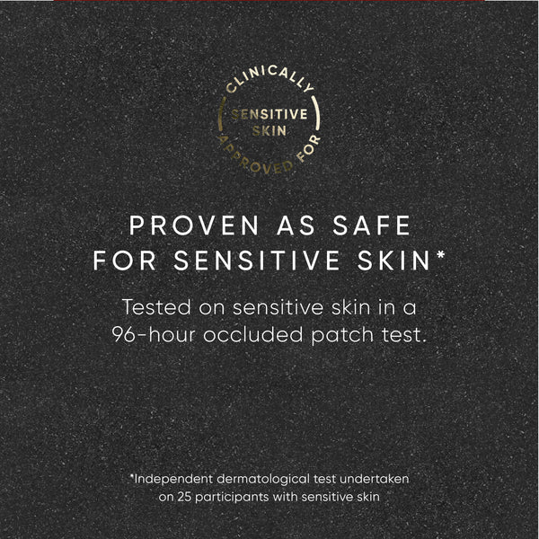 Text on a black background indicating clinically sensitive skin approval and safety testing for sensitive skin.