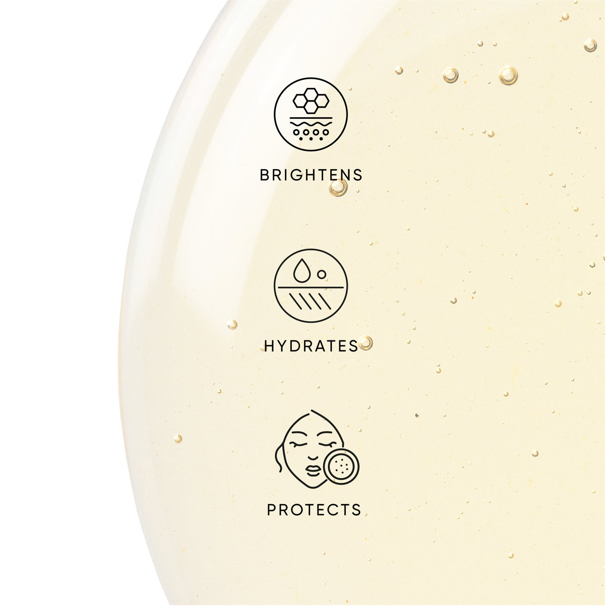 Skincare product with icons indicating brightening, hydrating, and protecting effects on a beige background.