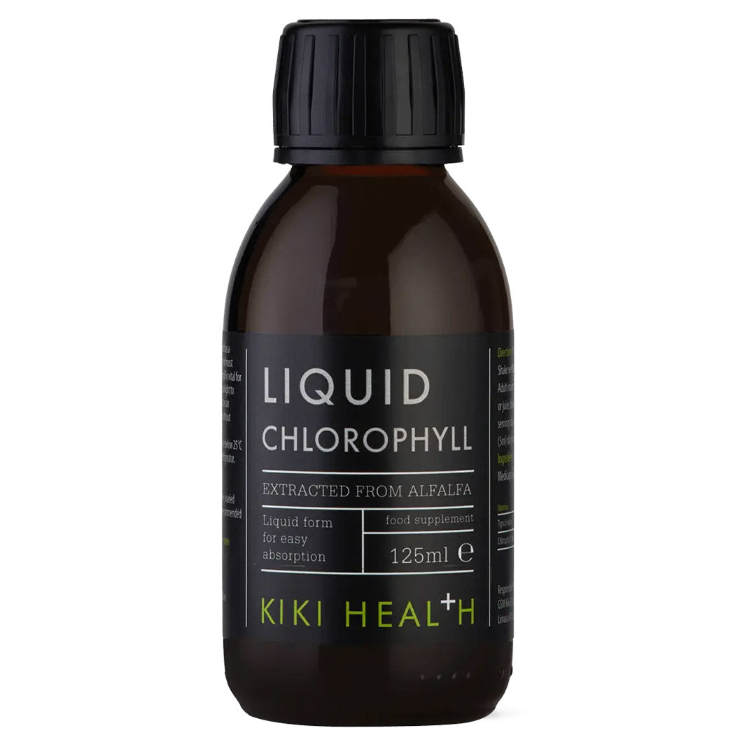 Bottle of KIKI Health Liquid Chlorophyll on a white background