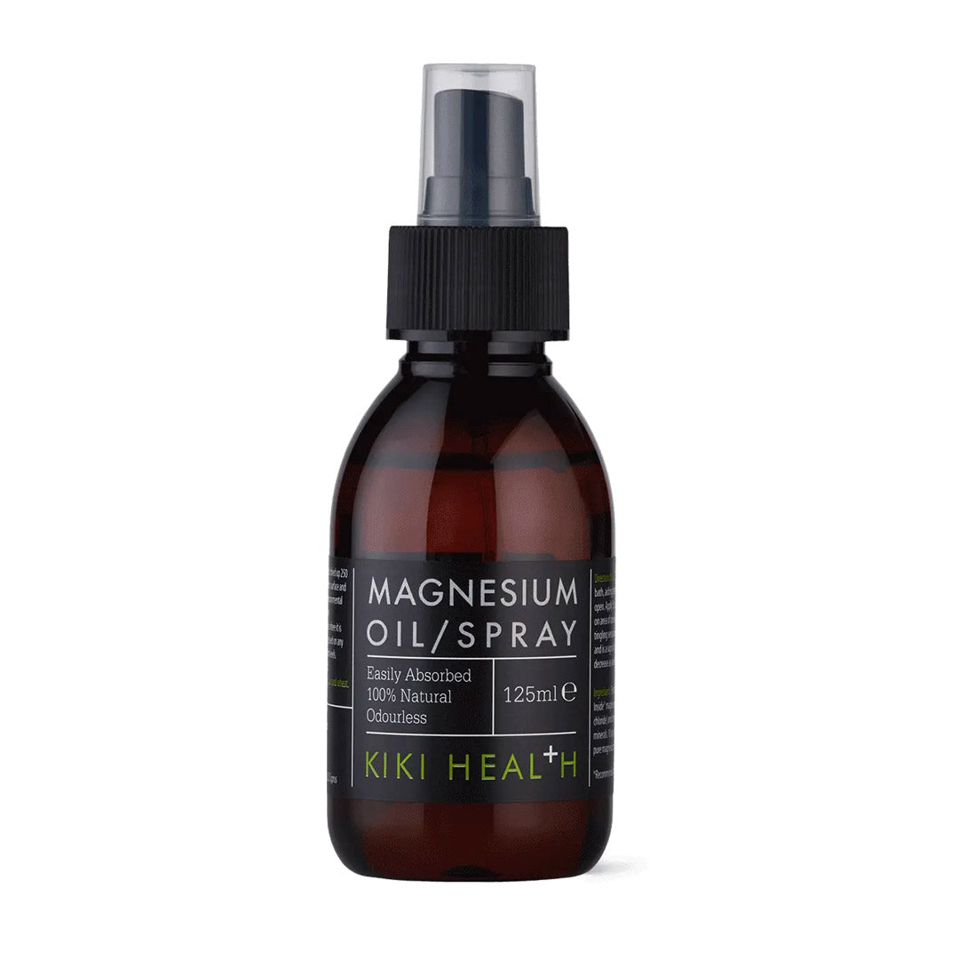 Brown spray bottle labeled 'Magnesium Oil Spray' by KIKI Health on a white background