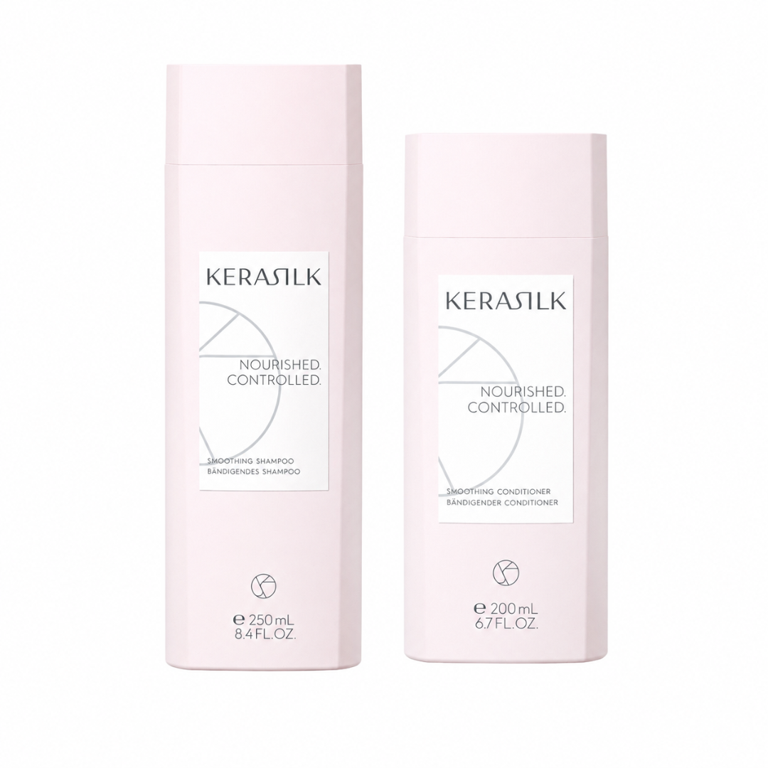 Two Kerasilk haircare bottles in a pale pink color on a white background, one 250 mL smoothing shampoo and one 200 mL smoothing conditioner, both labeled 'Nourished Controlled'.
