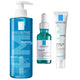 La Roche-Posay skincare products including a pump bottle, serum, and cream on a white background.