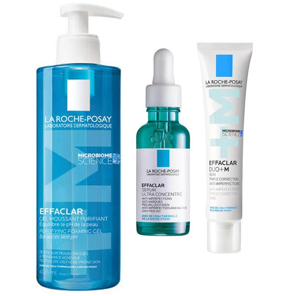 La Roche-Posay skincare products including a pump bottle, serum, and cream on a white background.