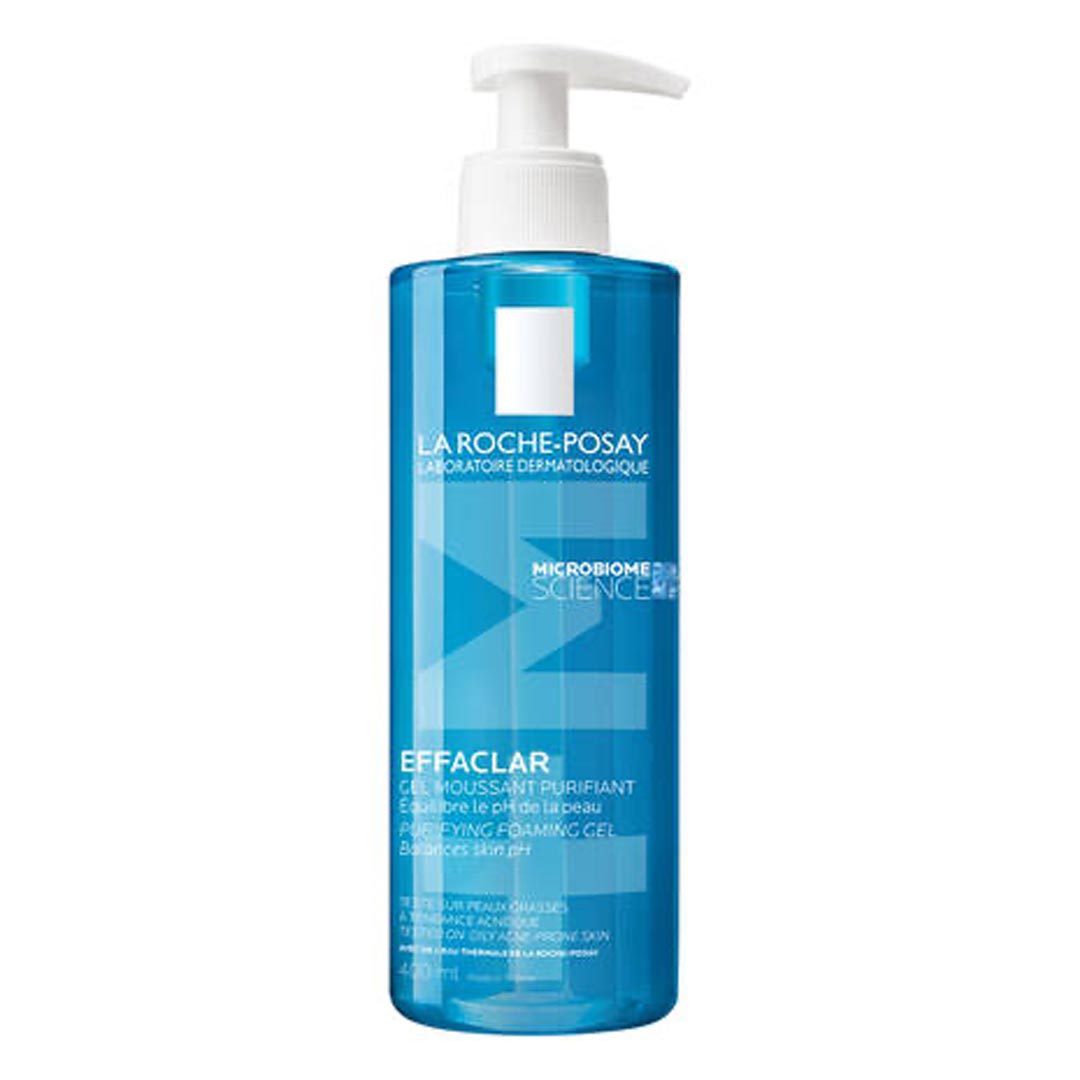 A pump bottle of La Roche-Posay Effaclar Purifying Gel Cleanser with a blue label on a white background.